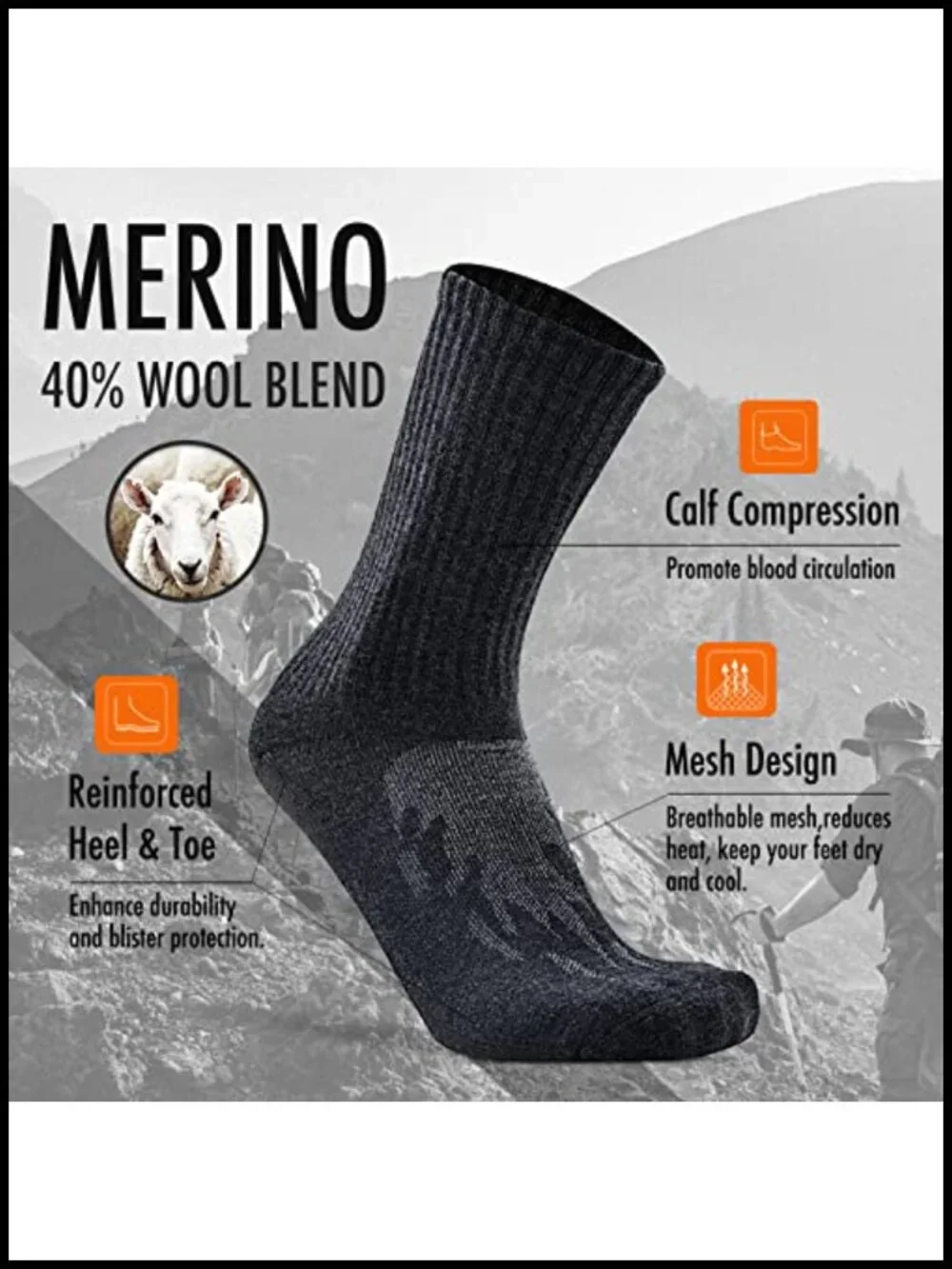4 Pack Men's Women's Merino Wool Blend Hiking Running Crew Socks Thick Cushioned